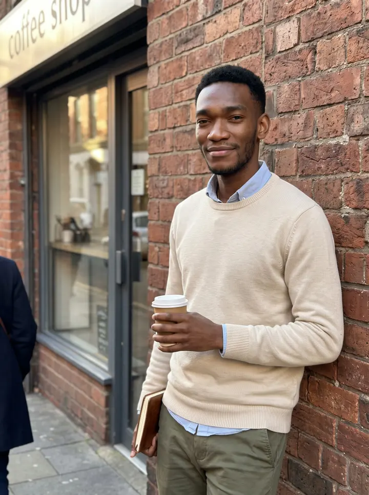 Somto, AI character: outside a small coffee shop in Manchester's Northern Quarter, leaning against the brick wall with his worn…