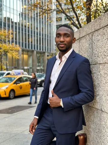 Folarin, AI character: outside a glass office tower in Midtown Manhattan after work, leaning against a stone wall with yellow…
