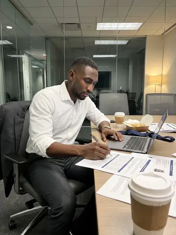 Folarin, AI character: a nearly empty conference room at his Manhattan bank late in the evening, spreadsheets open on a laptop,…