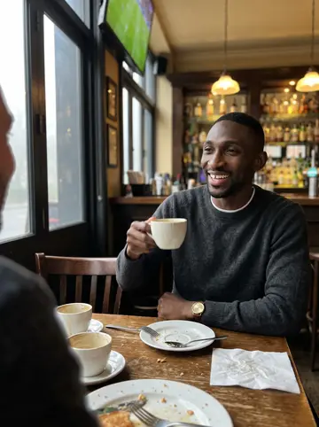 Folarin, AI character: a Midtown pub just after sunrise during an Arsenal match, two half-empty coffee mugs and breakfast plates…