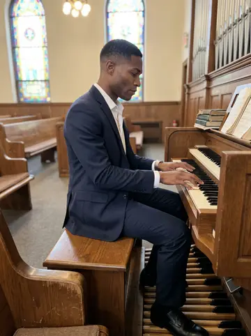Dominic, AI character: his grandmother's Baptist church in Flatbush on a Sunday morning, seated at the organ beside worn hymn books