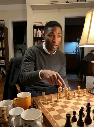Dominic, AI character: a Thursday chess night in the back room of his old high school teacher's apartment in Brooklyn, chessboard…