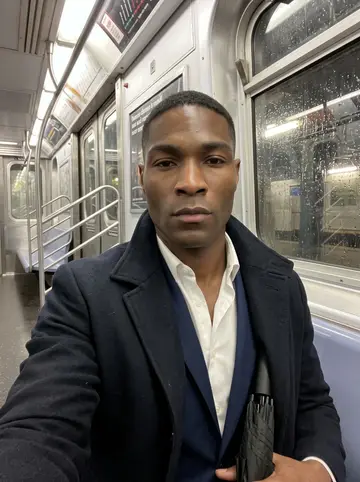 Dominic, AI character: inside a subway car between Manhattan and Brooklyn on a rainy spring evening, wet windows and blurred…