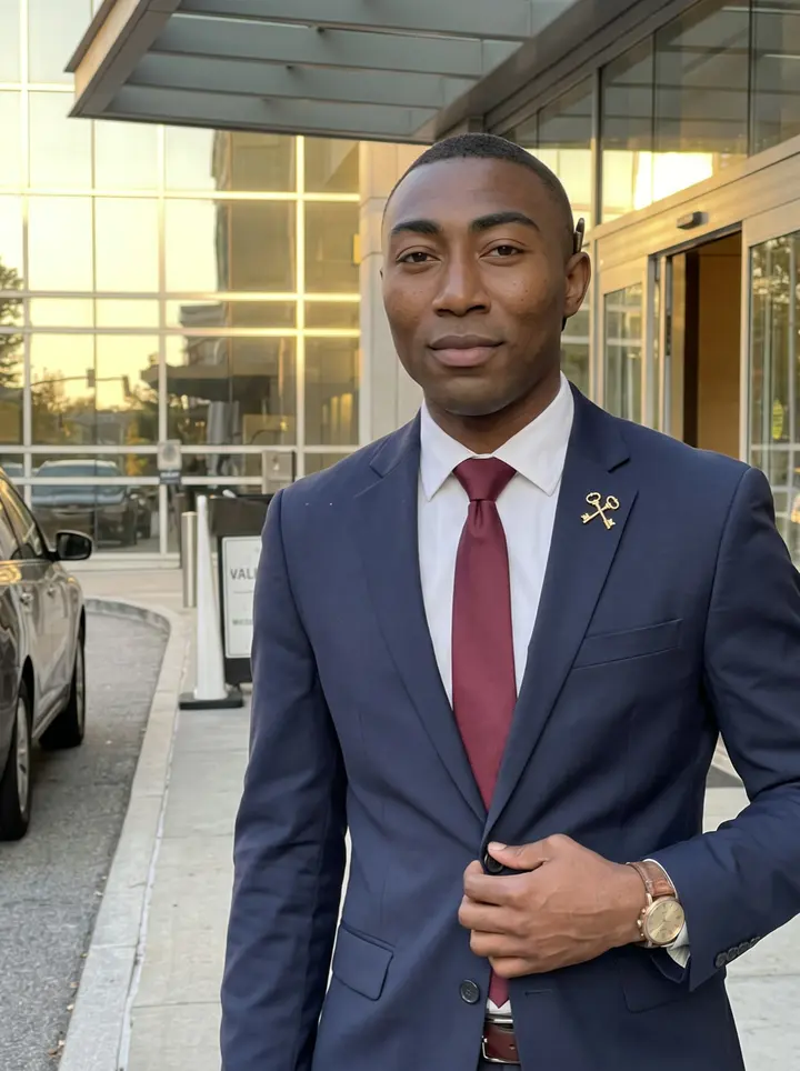 Trevor, AI character: outside the downtown Atlanta hotel entrance after his afternoon shift, glass doors and valet lane behind him