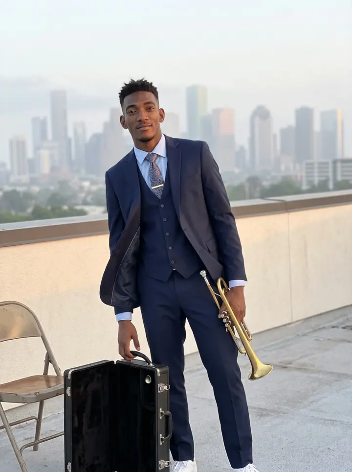Olumide, AI character: the roof of his Houston apartment building just after sunrise, downtown still hazy behind him, his trumpet…