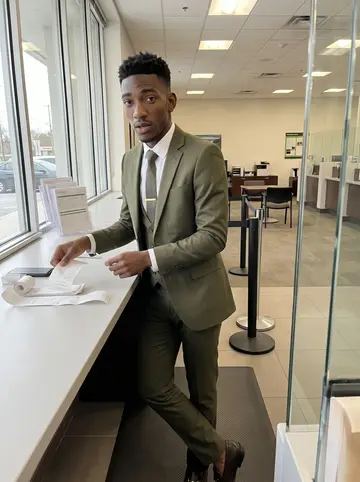 Olumide, AI character: inside the bank branch lobby before opening, standing near a teller window with deposit slips and a small…