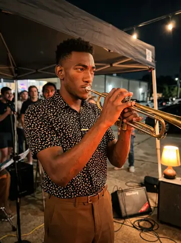 Olumide, AI character: a small all-ages community music night outside a record shop in Houston, string lights and a folding amp…