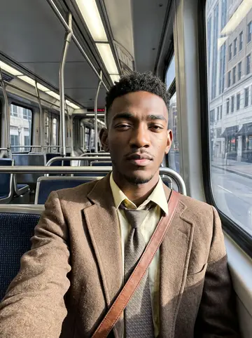 Olumide, AI character: a quiet METRORail car on a bright cool Houston morning, city blocks passing through the window behind him