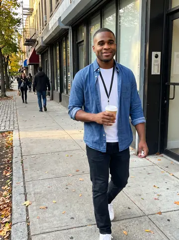 Kendrick, AI character: a tree-lined street in his new neighborhood, late afternoon, a block from the apartment he moved into five…