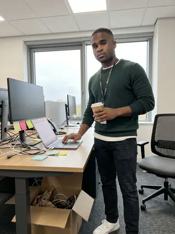 Kendrick, AI character: the release engineering area at his new office, standing beside a shared desk with monitors and a…