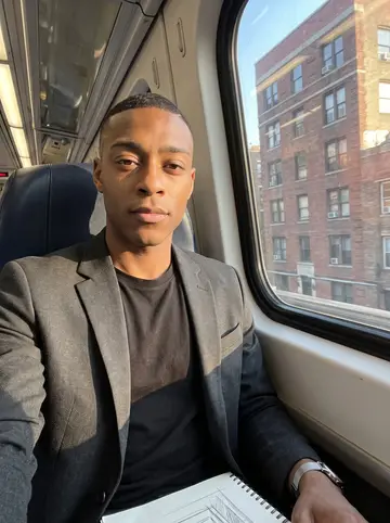 Amari, AI character: a quiet evening train ride after a site meeting, city brick buildings sliding past the window