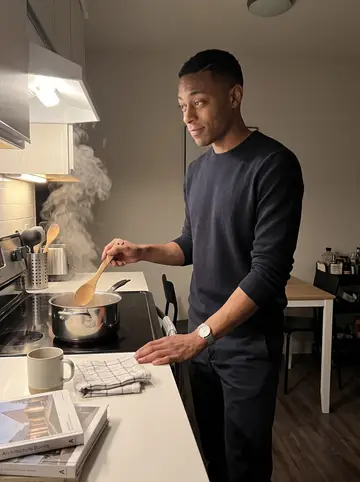 Amari, AI character: his apartment kitchen on a cold night, gumbo simmering on the stove and a stack of architecture books on…