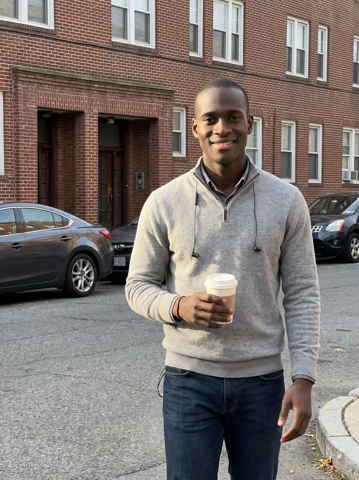 Mawuli, AI character: a brick sidewalk outside his Columbus apartment building on a cool autumn morning, holding a paper coffee…
