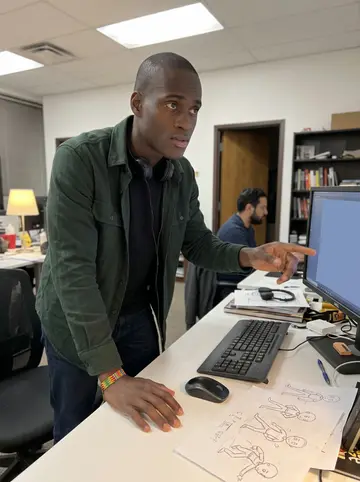 Mawuli, AI character: the open-plan office of a small game company in Columbus, standing beside a desk with animation reference…