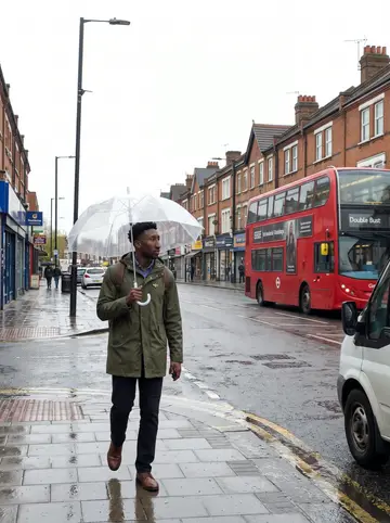 Senyo, AI character: on a rainy London train heading back toward Croydon, wet window and passing brick houses behind him