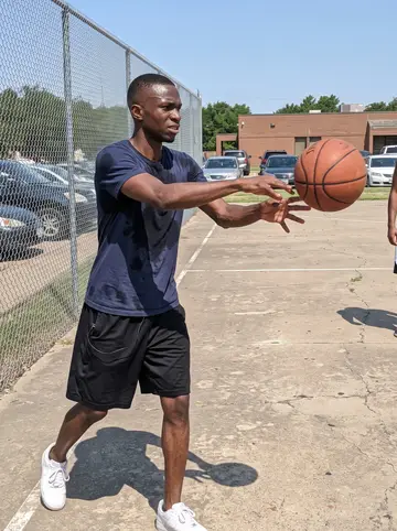 Ikenna, AI character: an outdoor Dallas pickup basketball court on Saturday morning, chain-link fence and parked cars beyond the…