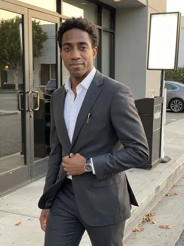 Fiifi, AI character: outside a small Los Angeles screening-room entrance after a client event, late afternoon sun hitting the…
