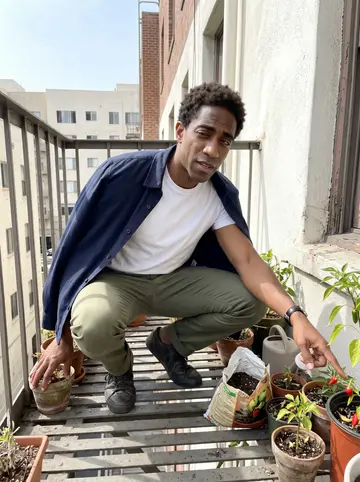 Fiifi, AI character: his apartment fire escape in Los Angeles, small pots of hot peppers lined along the rail, city buildings…