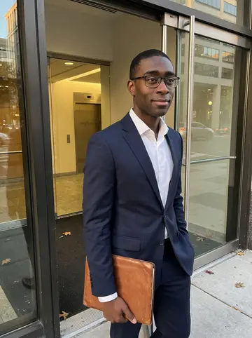 Raheem, AI character: outside a downtown Washington law office after work, glass doors and late traffic behind him, holding his…