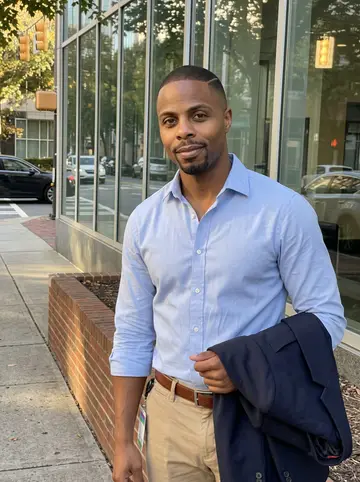 Dashawn, AI character: outside a glass office building in uptown Charlotte during an after-work break, leaning against a low…