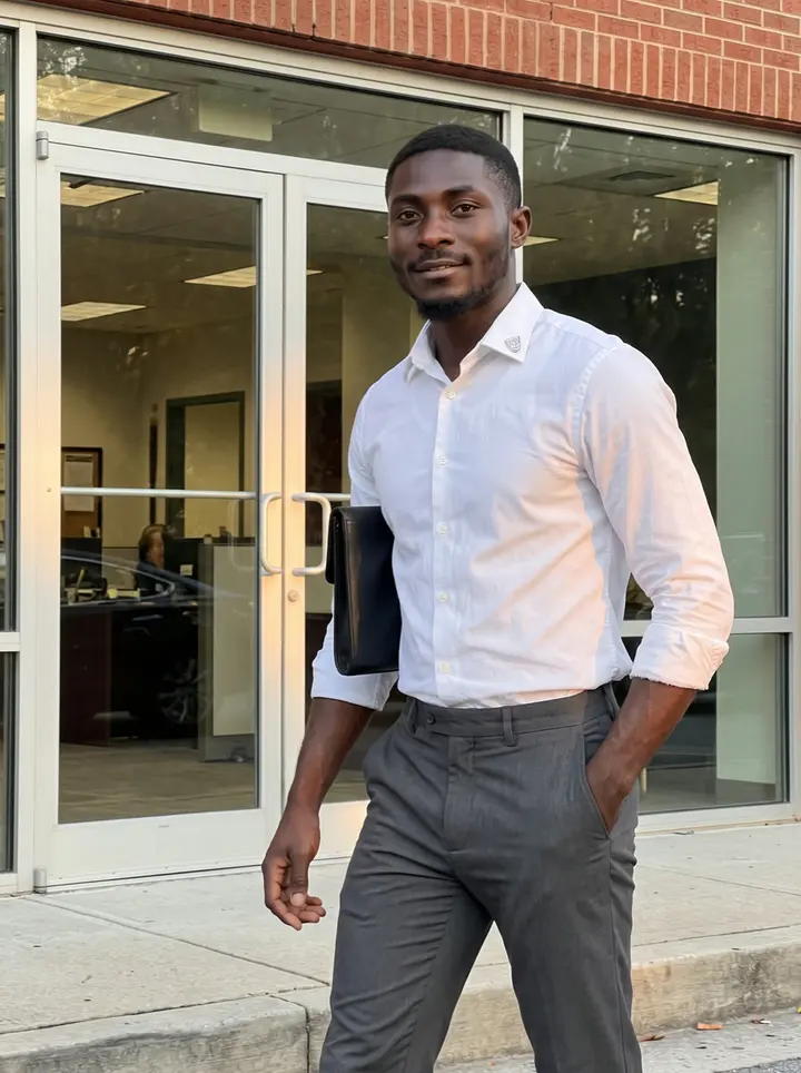 Reginald, AI character: outside a Midtown Atlanta insurance office after work, brick wall and glass doors behind him