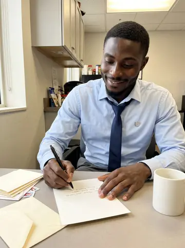 Reginald, AI character: small break room at the insurance office, a stack of cream thank-you cards and envelopes on the table