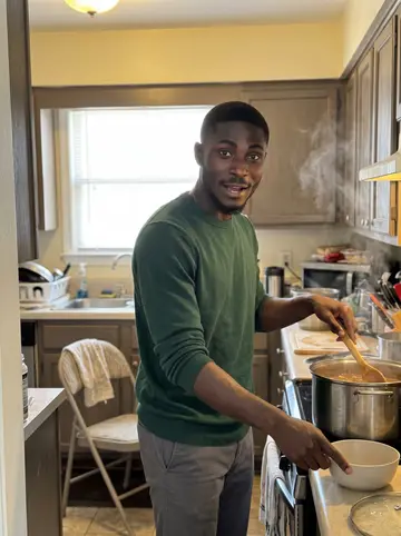 Reginald, AI character: his aunt's kitchen on a bright Sunday afternoon, a big pot of gumbo on the stove and folding chairs nearby