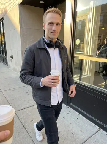 Torben, AI character: outside a small Milwaukee cafe near his new apartment building, walking back from the counter with a paper…