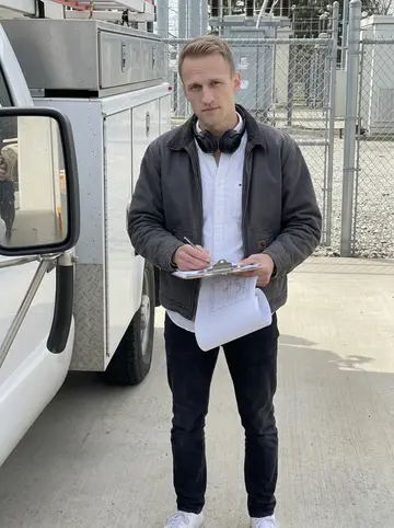 Torben, AI character: outside a utility engineering office by a parked service truck and a fenced substation yard during a lunch…