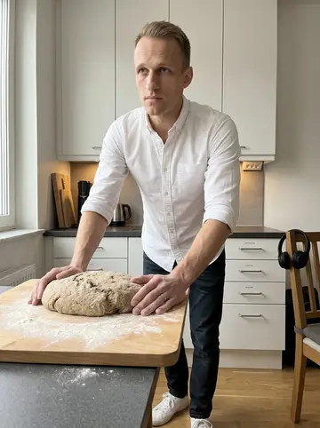 Torben, AI character: his apartment kitchen on a Sunday morning, labeled drawers behind him and dense rye dough on a floured…