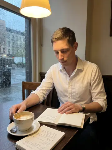 Marcel, AI character: a small Viennese-style coffee house in the West Village on a rainy spring evening, seated by the window…