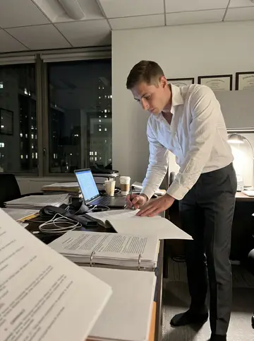 Marcel, AI character: his Manhattan law firm office after midnight, phone propped on a stack of deal binders beside the desk