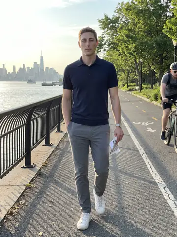 Marcel, AI character: the Hudson River Greenway just after sunrise, walking north with the water and Jersey skyline behind him