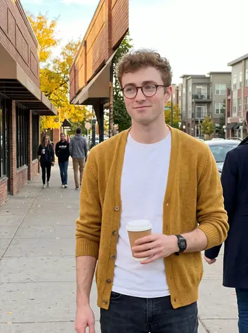 Kilian, AI character: a Denver sidewalk near his apartment in early autumn, brick storefronts and yellow cottonwood leaves…