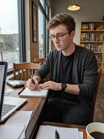 Kilian, AI character: a quiet board-game cafe in Denver during a spring rain, window streaked with water, a laptop and handheld…