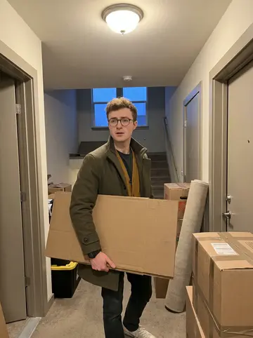 Kilian, AI character: the hallway outside his Denver apartment at winter blue hour, several taped moving boxes and a rolled rug…