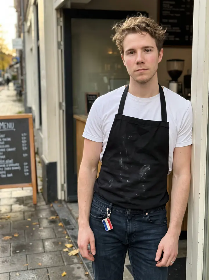 Sander, AI character: outside the Portland specialty coffee shop after closing, standing in the doorway with the street and wet…