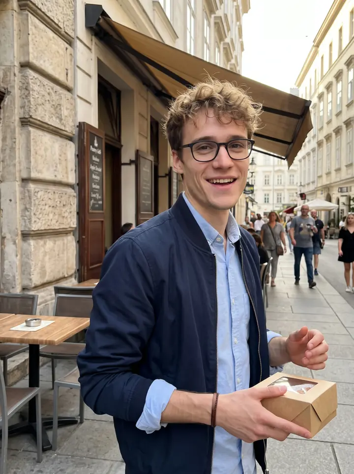 Flavio, AI character: a narrow street near a Vienna pastry café in early evening, old stone façades and outdoor tables behind him