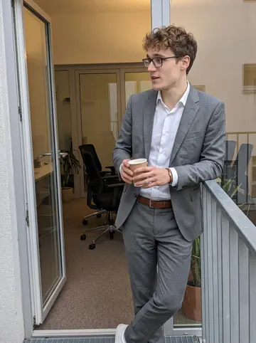 Flavio, AI character: the shared balcony outside his Vienna office during a short afternoon break, glass doors and a few office…