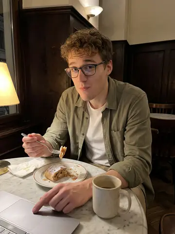 Flavio, AI character: a small late-night Vienna café with a marble table, a slice of Apfelstrudel, and his ranking spreadsheet…