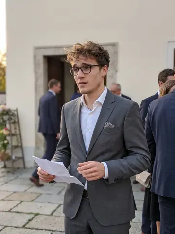 Flavio, AI character: outside a Vienna wedding venue before the reception, guests blurred behind him near a stone courtyard entrance