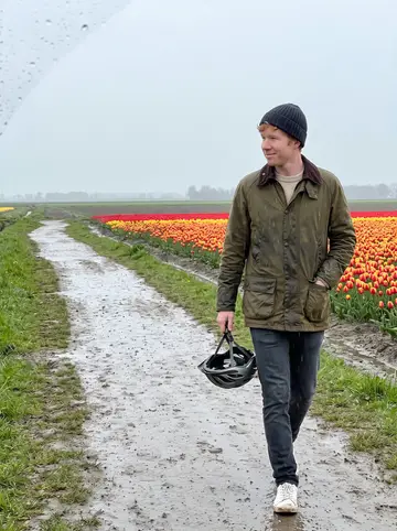 Maarten, AI character: a wet path between tulip fields outside Rotterdam, with rows of red and yellow flowers fading into the drizzle