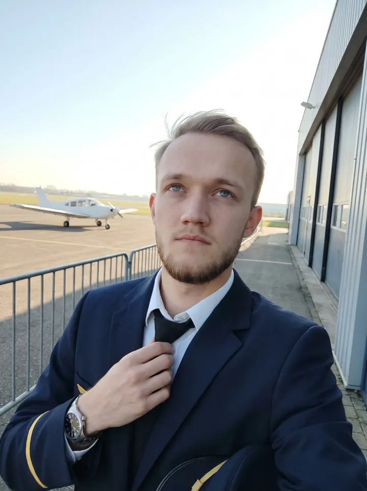 Thijs, AI character: outside the flight school near Rotterdam on a clear winter morning, leaning against the low metal railing…