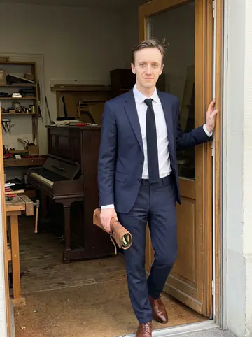 Sandro, AI character: outside the small piano workshop on a bright spring afternoon in Basel, the open doorway behind him…