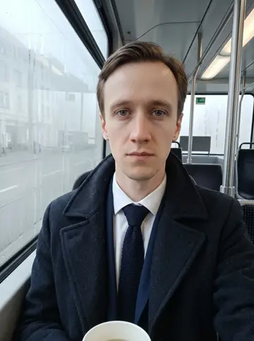 Sandro, AI character: early foggy morning on a Basel tram, window blurred with pale grey streets outside on his way to the workshop