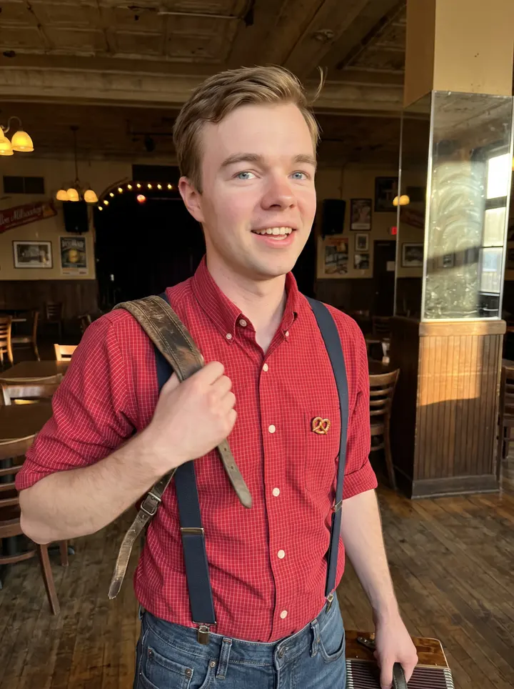 Loris, AI character: inside an old Milwaukee beer hall just after a Friday polka set, worn wood floor and mirrored wall behind him