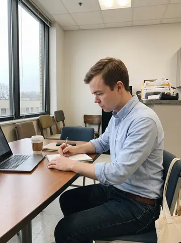 Loris, AI character: break area of a small Milwaukee marketing office, laptop open beside a paper coffee cup and a tote bag on…