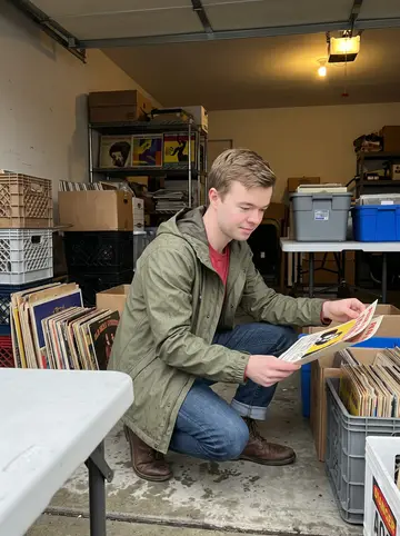 Loris, AI character: covered garage at a rainy estate sale, crates of old music ephemera and colorful poster edges stacked on…