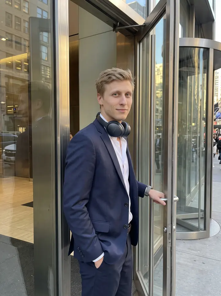 Roy, AI character: outside a glass office tower in Midtown Manhattan after a client meeting, late autumn sun between the…