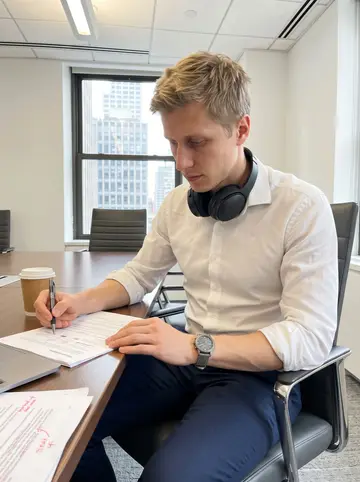 Roy, AI character: a Manhattan law-firm conference room before a morning call, laptop open beside marked-up deal papers and a…
